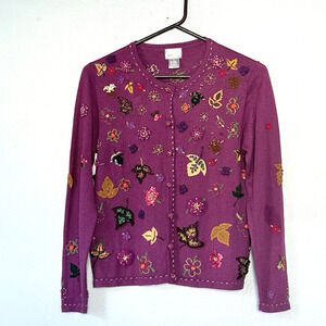 Berek Vintage Cardigan Sweater Small Fall Purple Plum Beaded Sequined